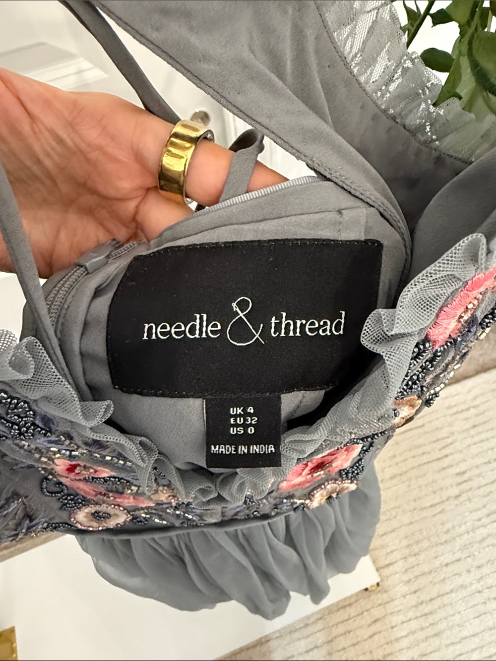 Needle & Thread Gray Tulle Dress with Pink Floral Embroidery - Picture 4 of 5
